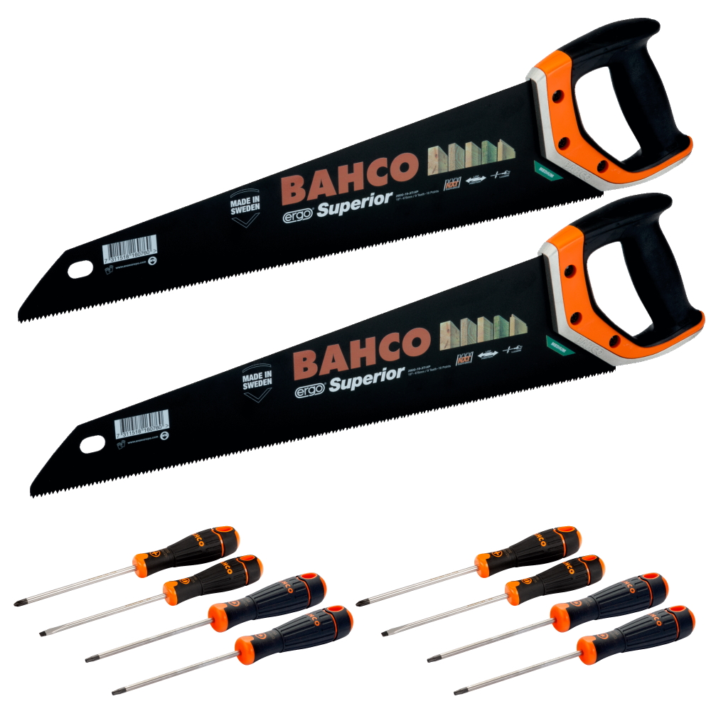 2x BAHCO Säge Fuchsschwanz 475mm 2600-19-XT-HP ERGO Superior + 8 Schraubendreher