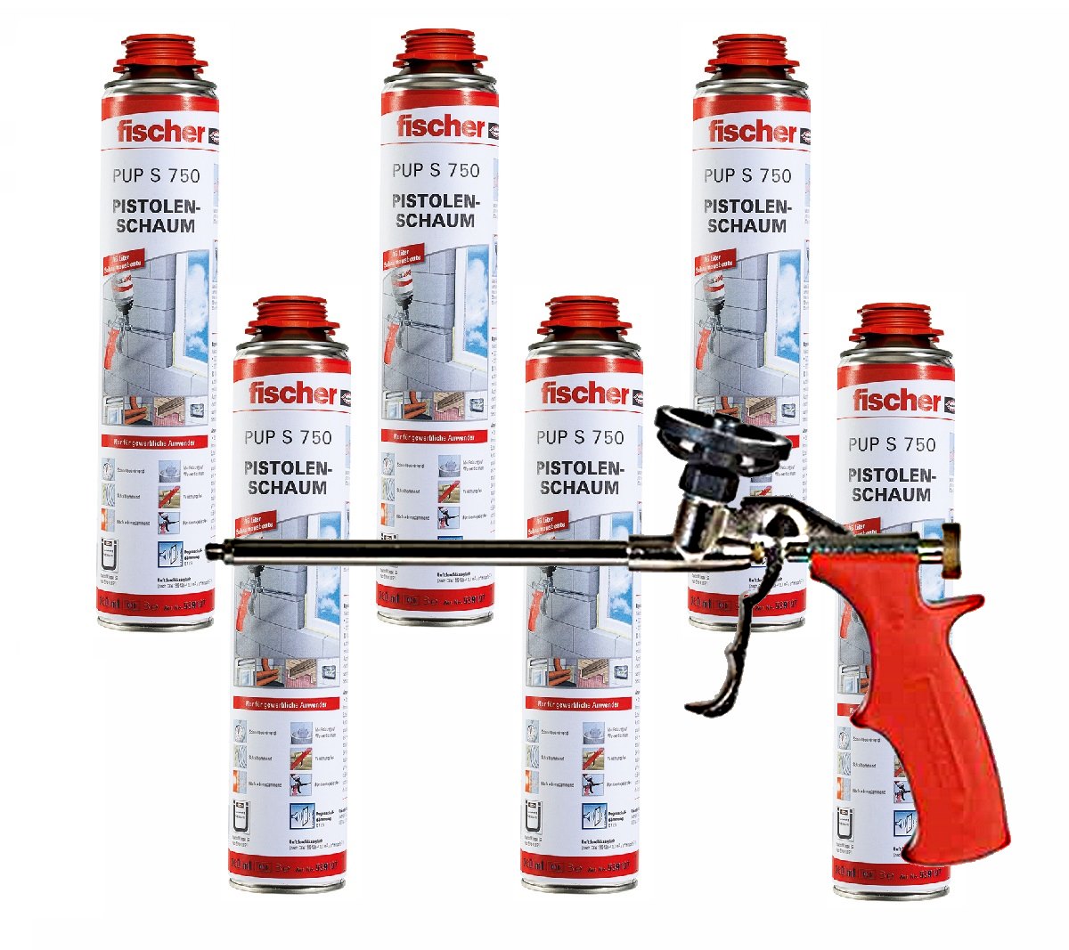 6x Fischer 1K Pistolenschaum PUP S 750ml B2 + Fischer Schaumpistole PUP M3