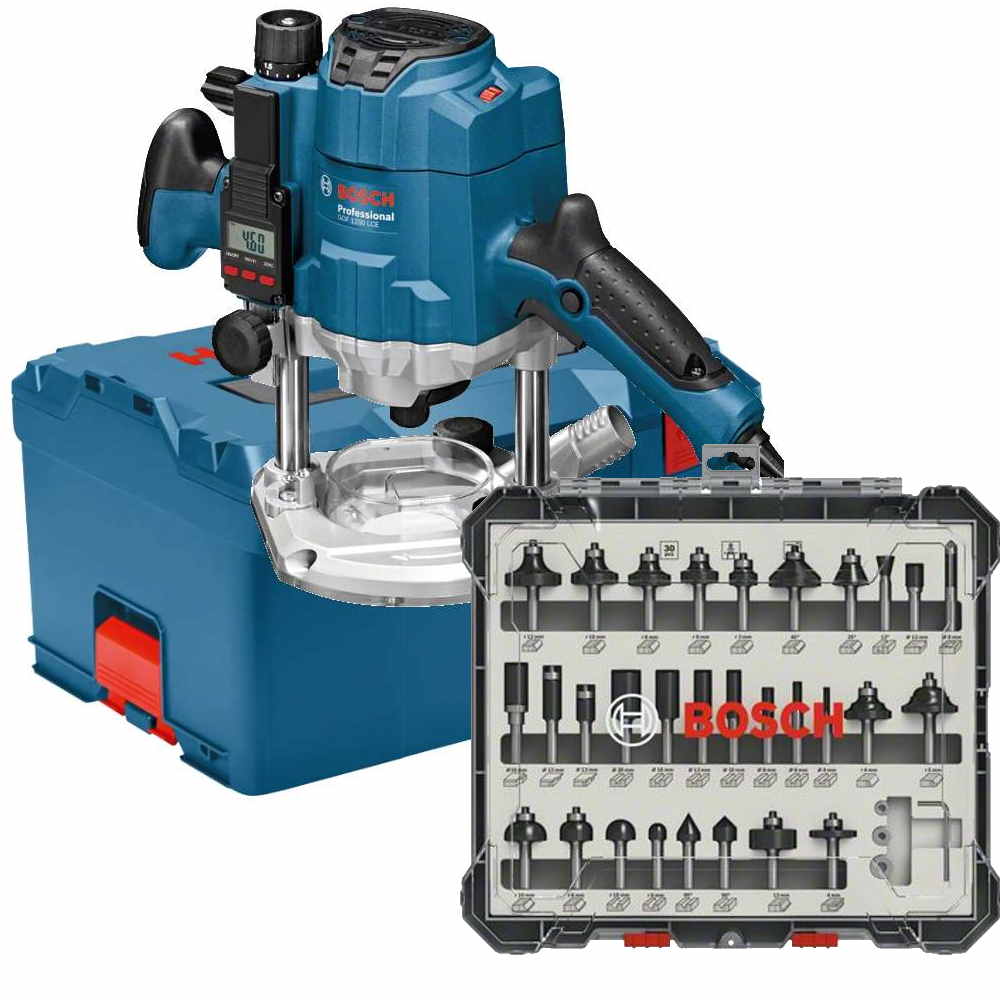 Bosch Oberfräse GOF 1250 LCE + 30-teiliges Fräserset 8mm - 1250 W - L-BOXX
