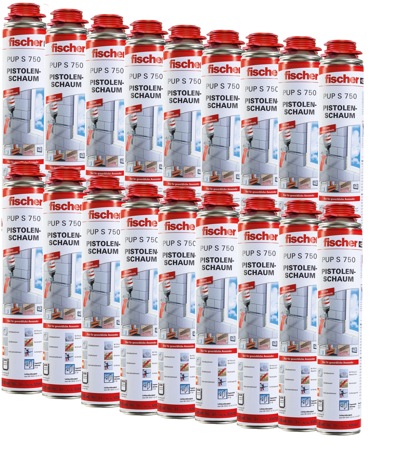 18x Fischer 1K Pistolenschaum-Montageschaum-Füllschaum-Dämmschaum PUP S 750ml B2