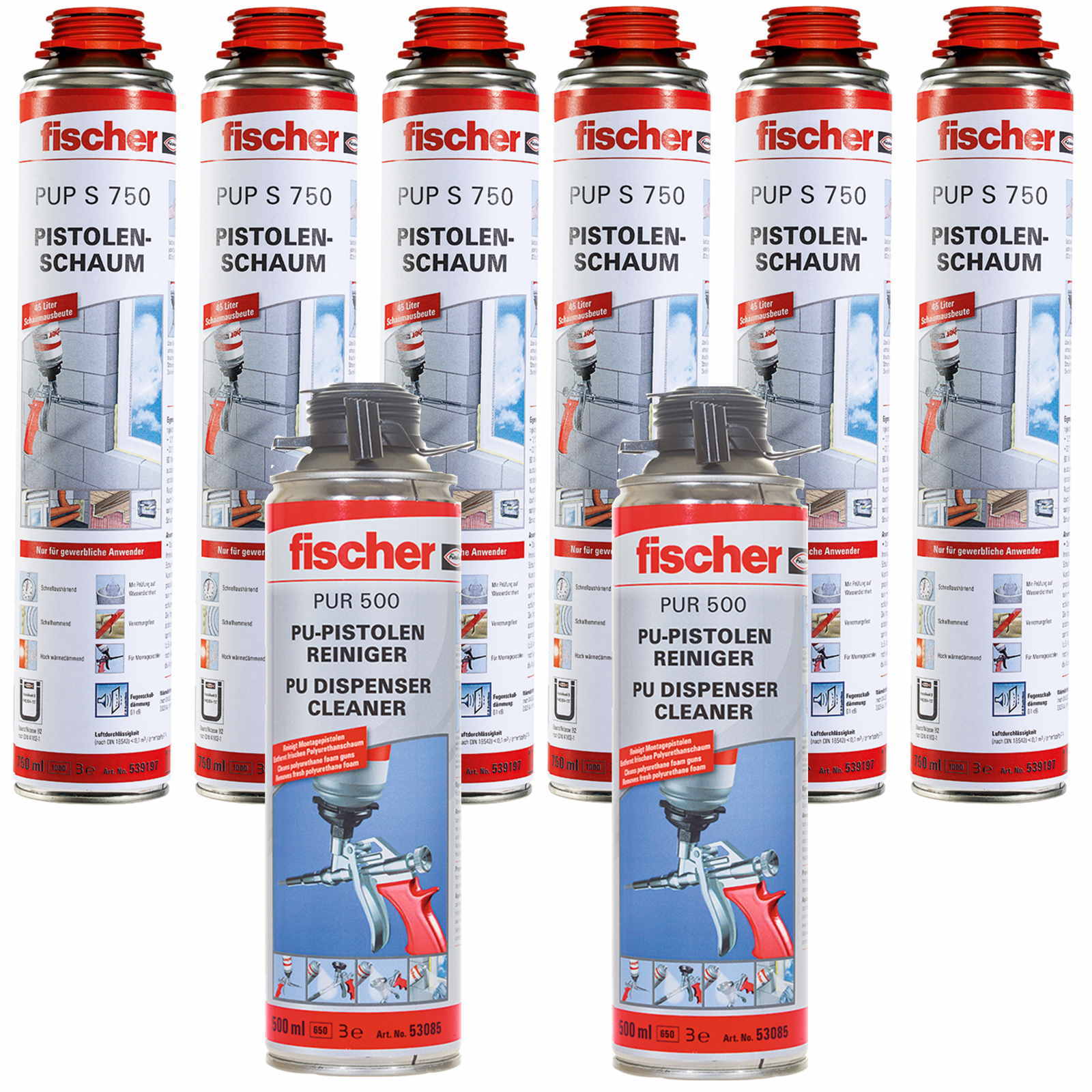 6x Fischer 1K Pistolenschaum PUP S 750ml B2 + 2x PUR500 500ml Reiniger