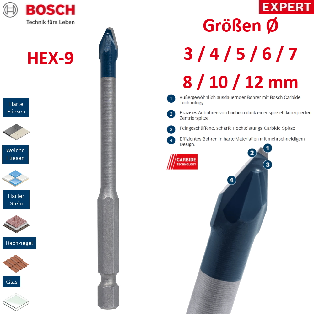 Bosch Bohrer Fliesenbohrer EXPERT HEX-9 HardCeramic Keramik 3 4 5 6 7 8 10 12 mm