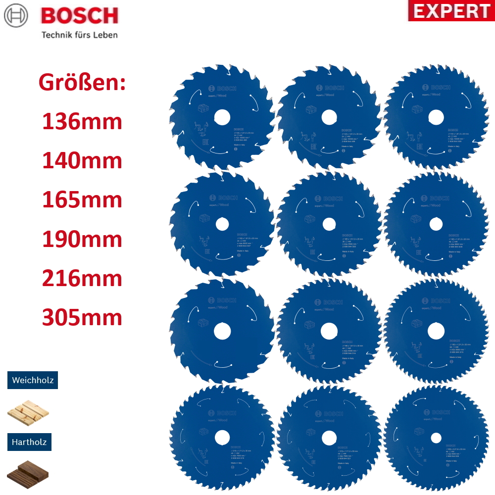 Bosch Sägeblatt Kreissägeblatt EXPERT - für Holz - für Akkusägen Ø 136 - 305mm