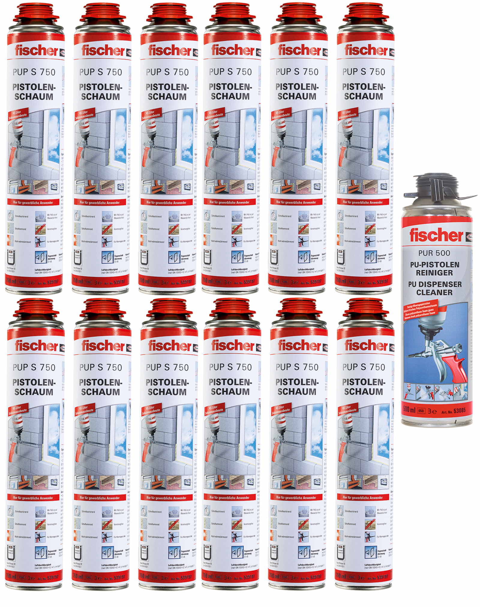 12x Fischer 1K Pistolenschaum PUP S 750ml B2 + 1x PUR500 500ml Reiniger