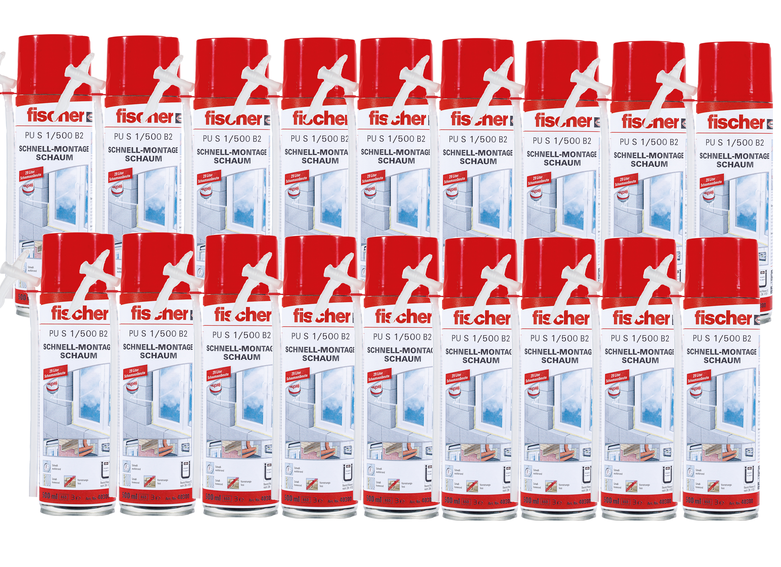 18x Fischer 1K Schnellmontageschaum-Bauschaum-Füllschaum PU S1/500ml B2