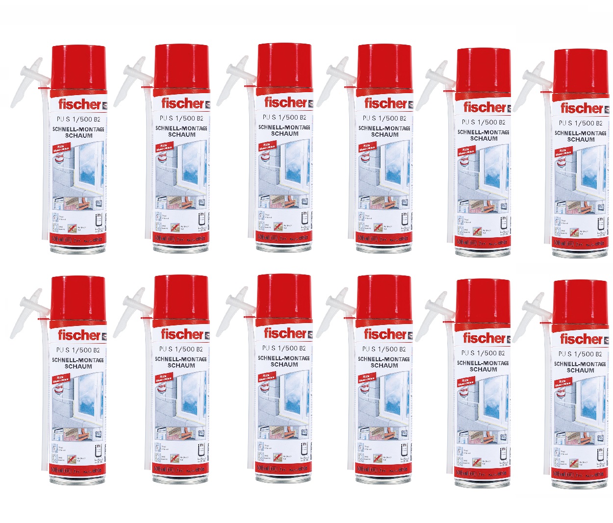 12x Fischer 1K Schnellmontageschaum-Bauschaum-Füllschaum PU S1/500ml B2
