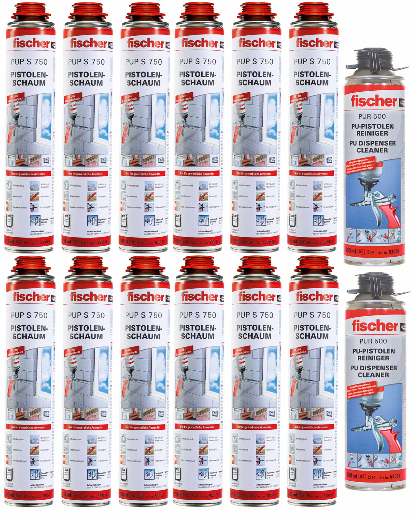 12x Fischer 1K Pistolenschaum PUP S 750ml B2 + 2x PUR500 500ml Reiniger