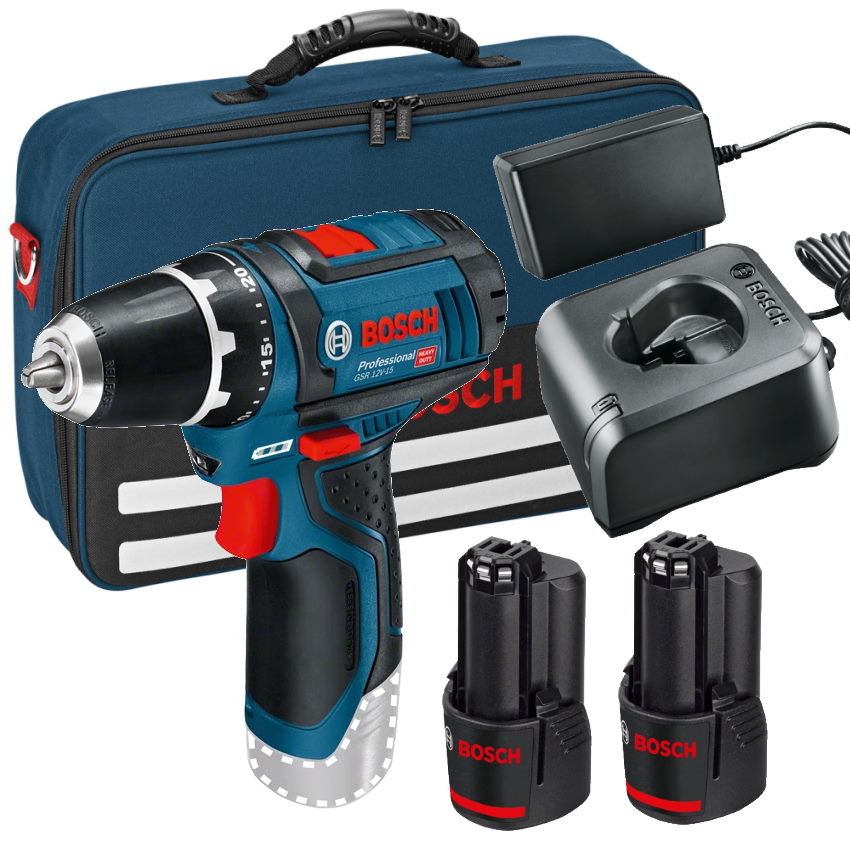 Bosch Akku-Bohrschrauber GSR 12V-15 - 2 x 2AH - Softbag - GAL 12V-20