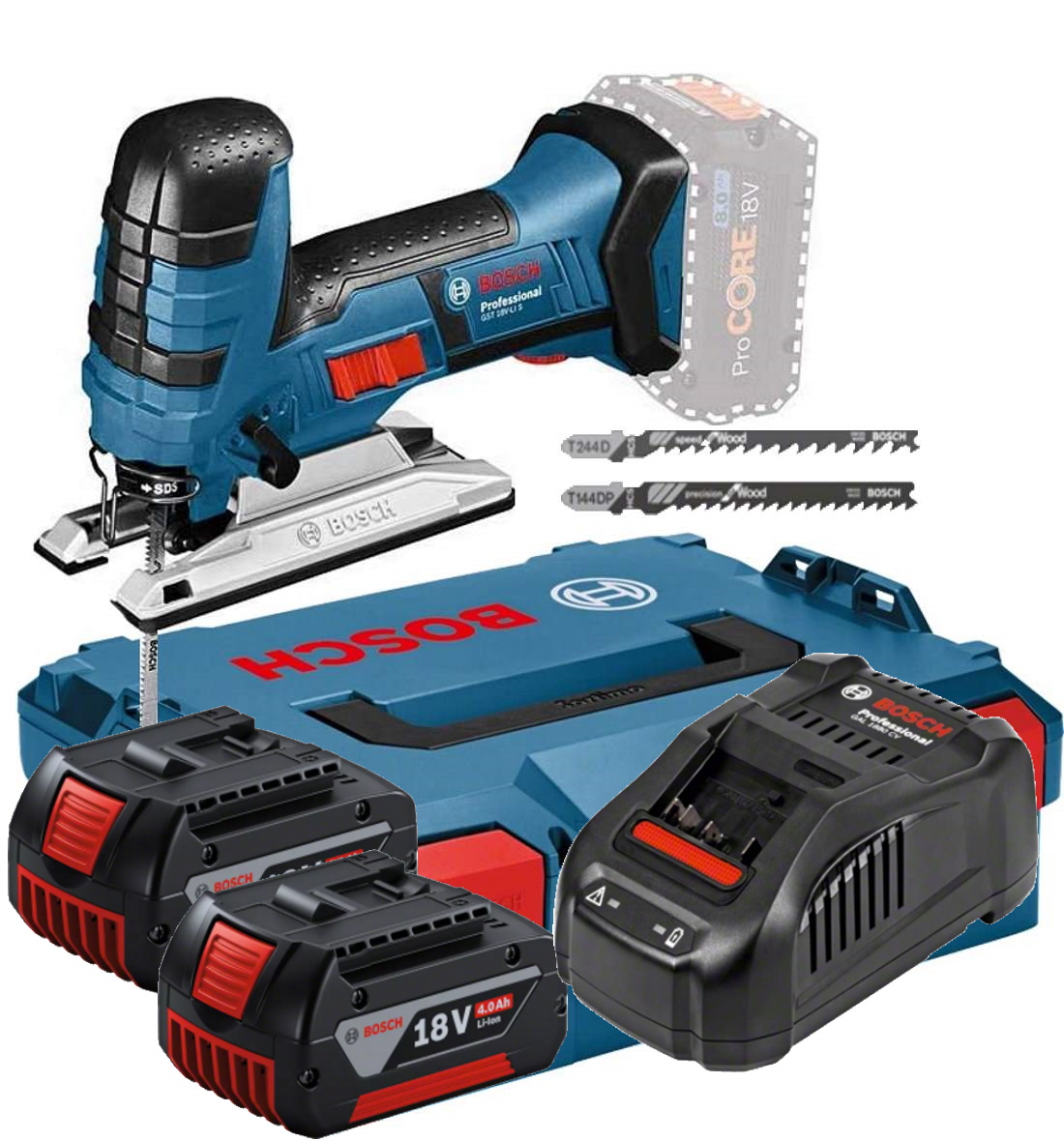 Bosch Akku Stichsäge GST 18 V-LI S - L-BOXX - Ladegerät GAL1880 - 2x GBA 4AH