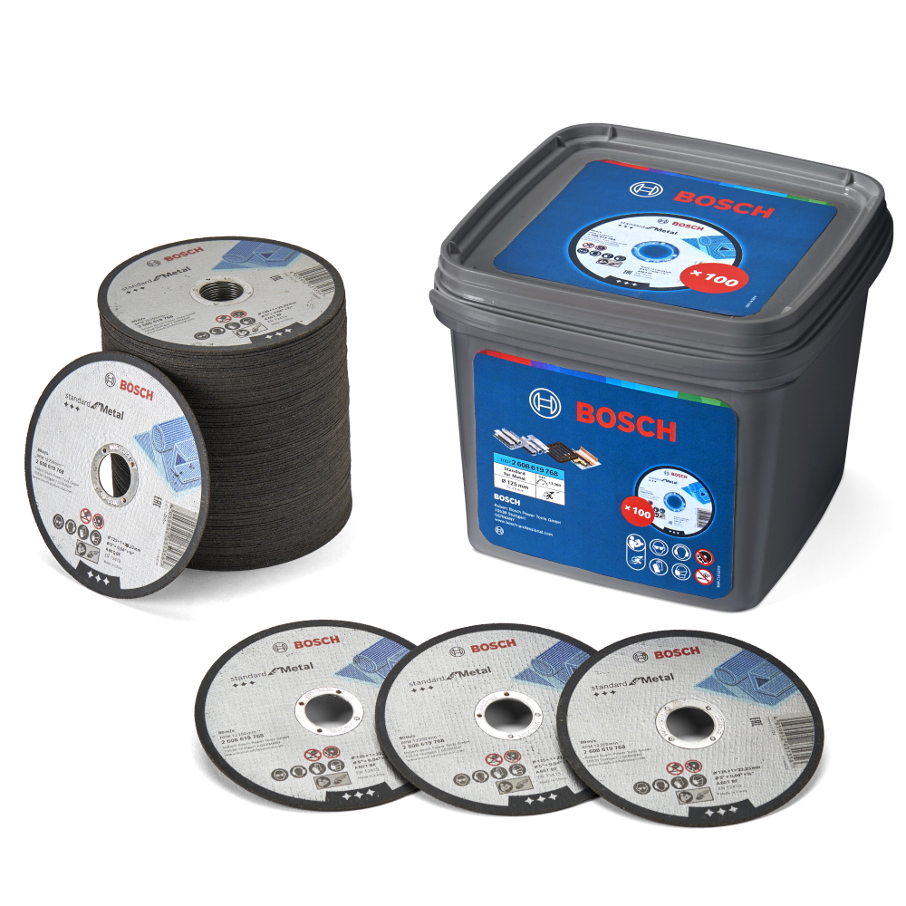 Bosch Trennscheiben 125mm x 1mm - 100 Stück im Kunststoffeimer - für Metall
