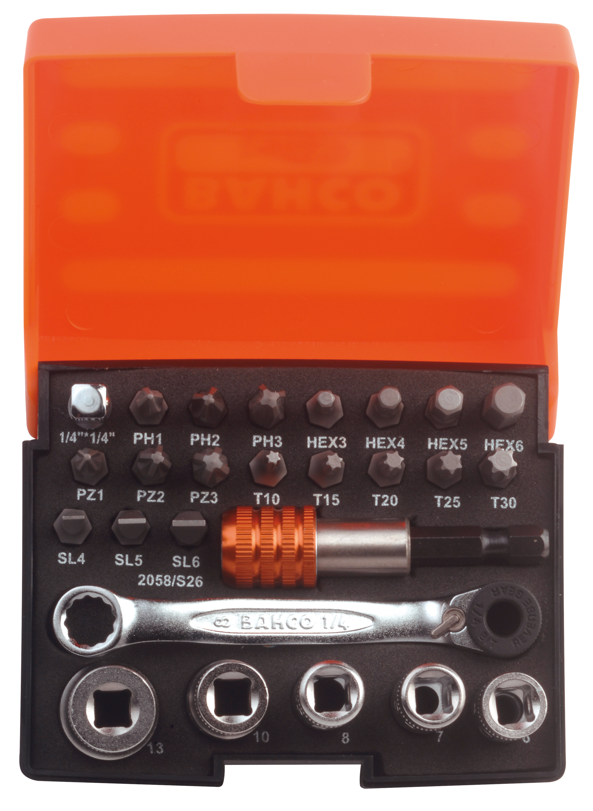 BAHCO Bitsatz mit 1/4 Zoll Bit-Knarre + Adapter 2058/S26 - Schlitz PH PZ Torx®