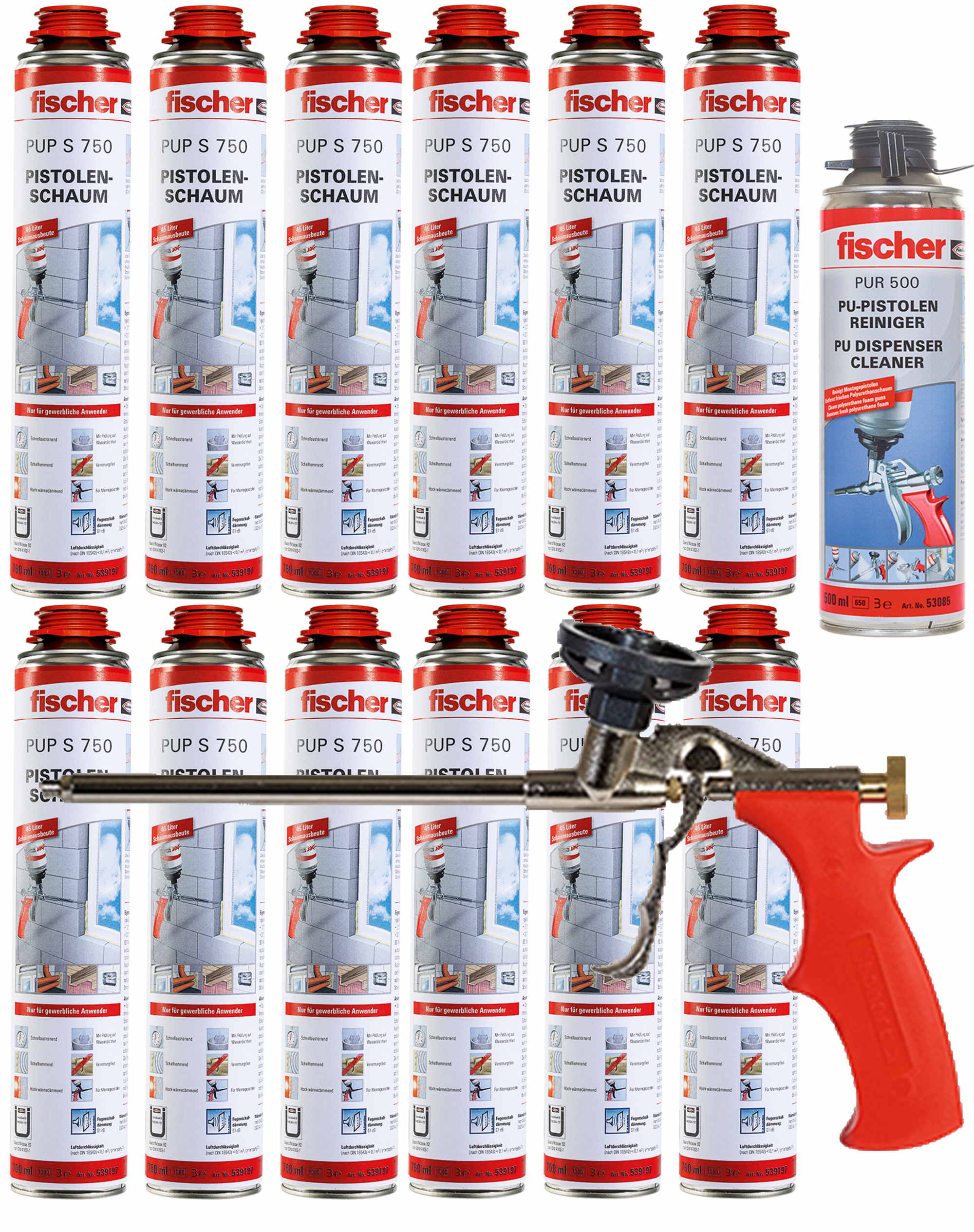 12x Fischer 1K Pistolenschaum PUP S 750ml B2 + Pistole PUP M3 + PUR500 Reiniger