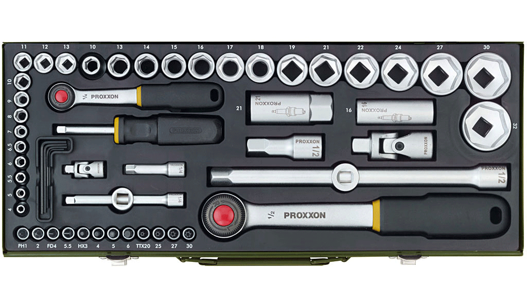 Proxxon Komplettsatz mit 1/4 Zoll - und 1/2 Zoll -Ratsche, 56-teilig - 23040