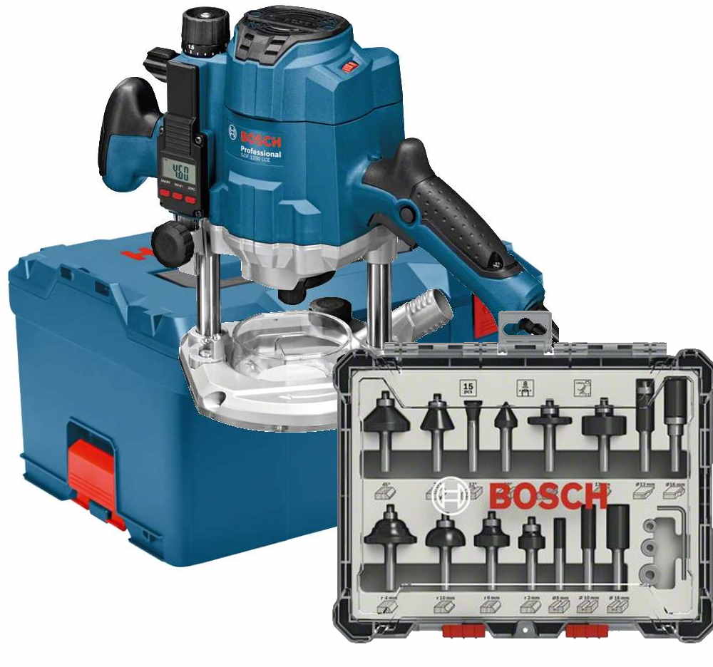 Bosch Oberfräse GOF 1250 LCE + 15-teiliges Fräserset 8mm - 1250 W - L-BOXX