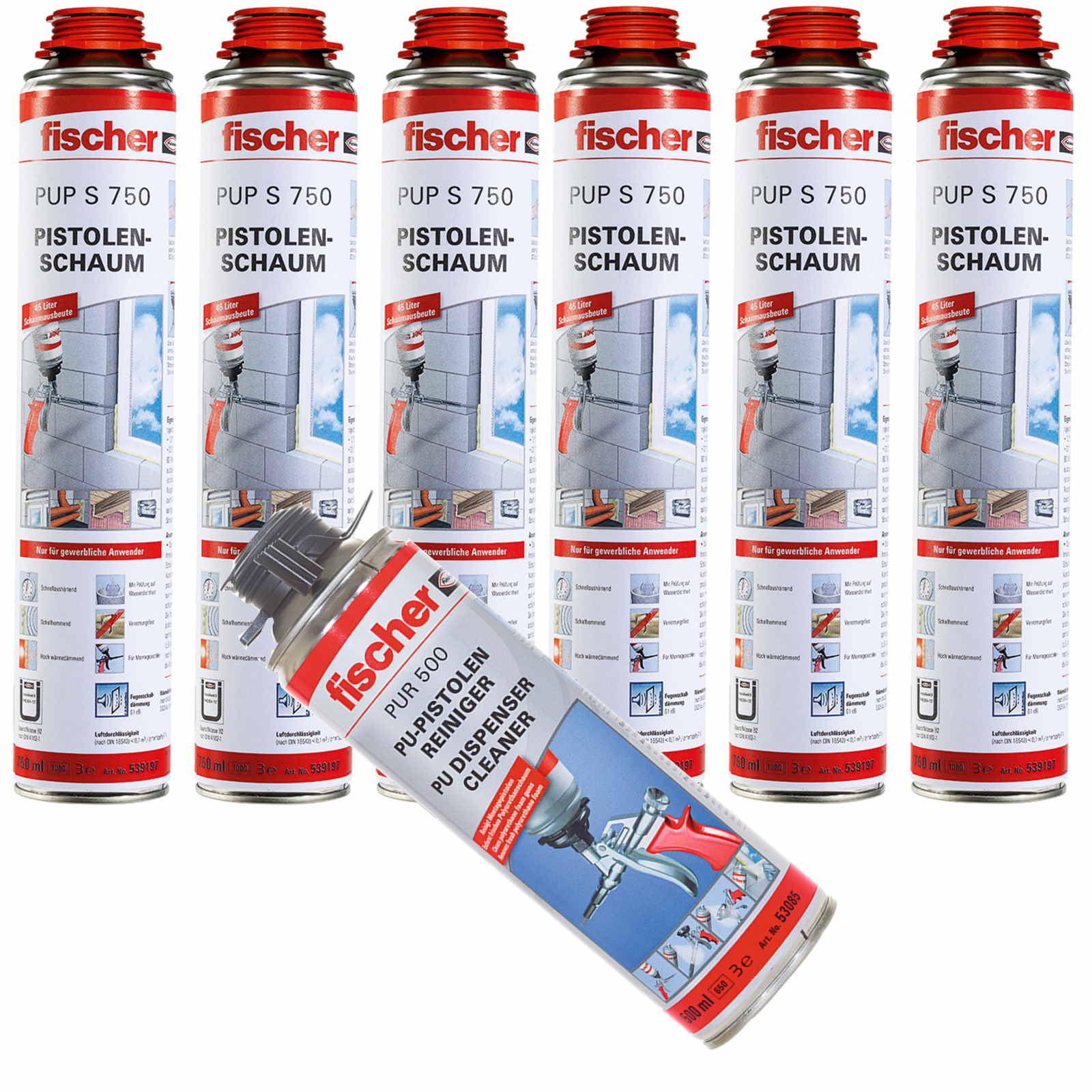 6x Fischer 1K Pistolenschaum PUP S 750ml B2 + PUR500 500ml Reiniger